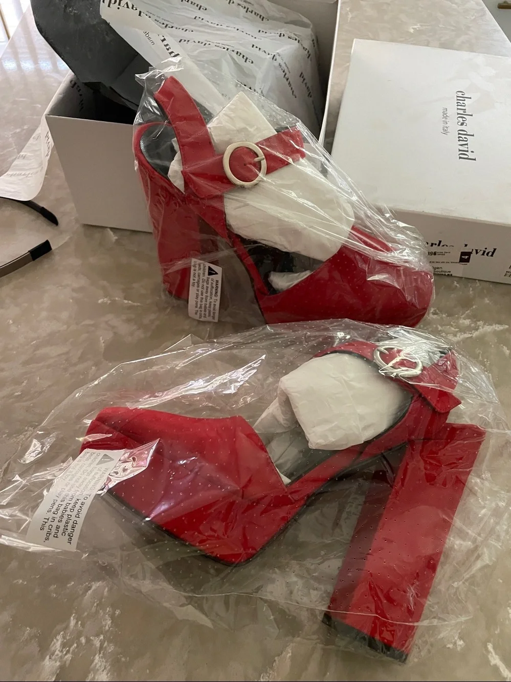 NWT Charles David red suede leather square toe buckle chunky heel platform 7/7.5